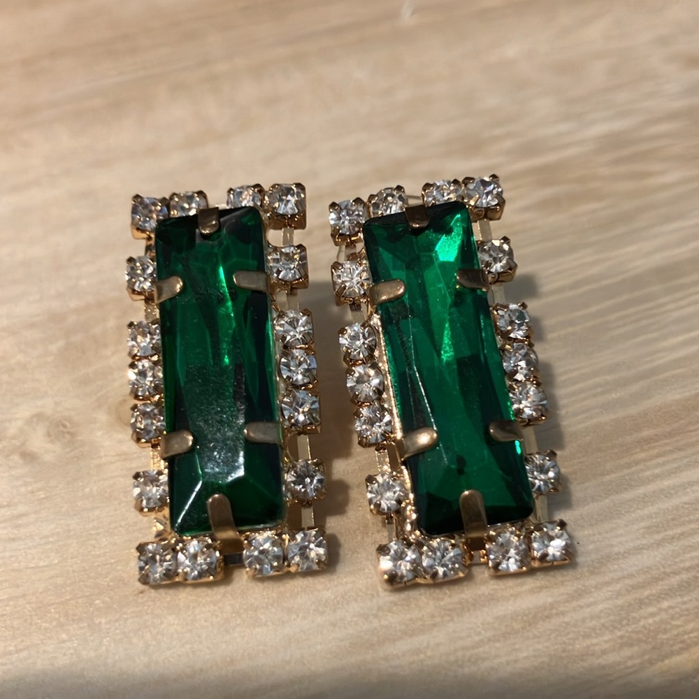 Green and Gold Earrings Rhinestones - Picture 6 of 7